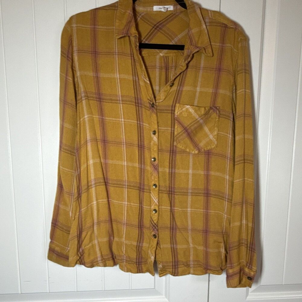 Maurices Yellow Purple White Plaid Collared Button-Up Long Sleeve Rayon XL
